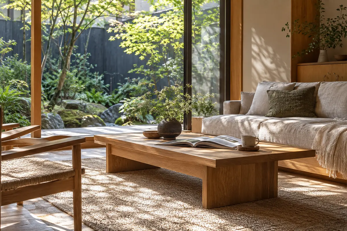 窓辺に緑が広がる、読書を楽しめる自宅のリビング